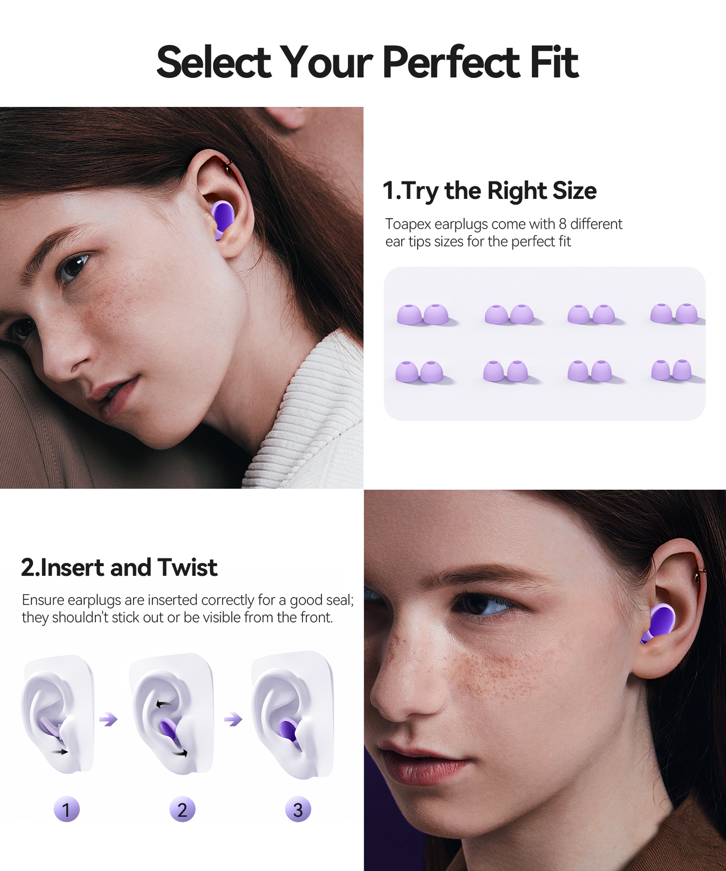 Ear Plugs for Sleeping 45dB Noise Cancelling Ear Plugs for Noise Reduction & Snoring, Concerts, Earplugs for Sleep, Sider Sleepers Airplane, Silicone Earplugs Reusable Concert Ear Plug +8Tip Violet