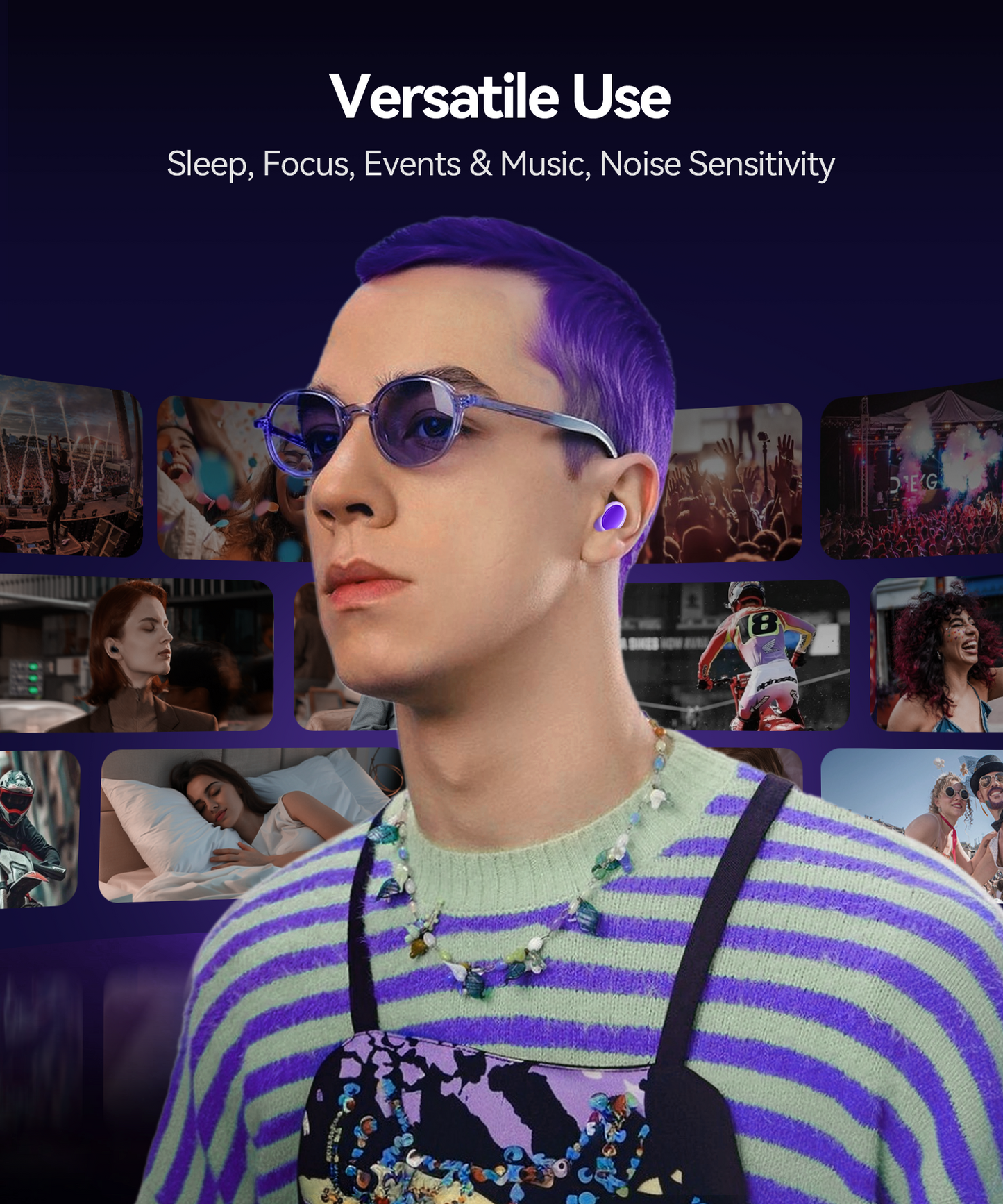 Ear Plugs for Sleeping 45dB Noise Cancelling Ear Plugs for Noise Reduction & Snoring, Concerts, Earplugs for Sleep, Sider Sleepers Airplane, Silicone Earplugs Reusable Concert Ear Plug +8Tip Violet